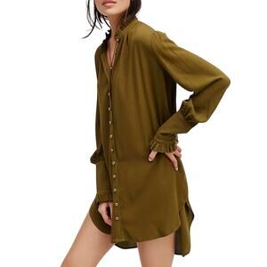 Free People Lieutenant Shirt Dress Olive Green Ruffle L